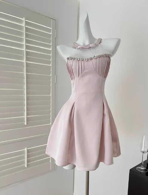 Vintage Pink Beaded Homecoming Dress A-Line Satin Party Dress Short Cocktail Dress, DP6553