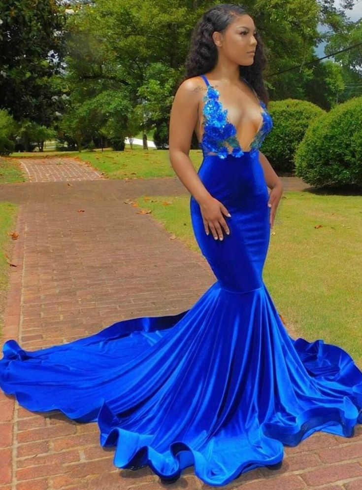 Royal Blue Deep V Neck Mermaid Lace Applique Backless Long Prom Dress,DP0293