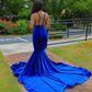 Royal Blue Deep V Neck Mermaid Lace Applique Backless Long Prom Dress,DP0293