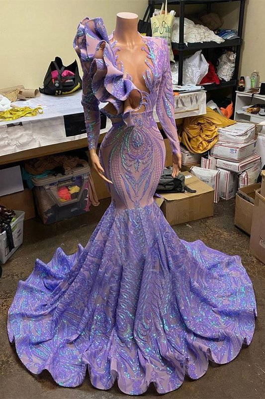 Lavender Mermaid Prom Dress Long Sleeves Deep V Neck Appliques,DP0294