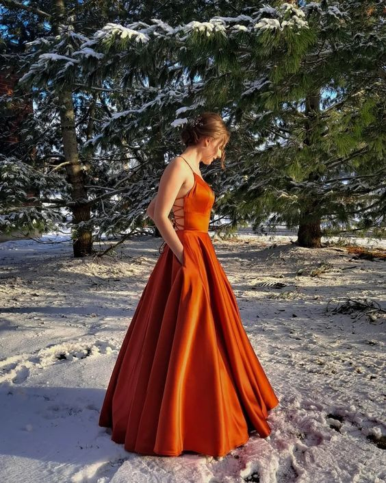 Best Burnt Orange A-Line Satin Prom Dress with Pockets ,DP0297