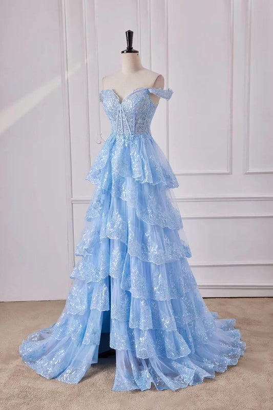 Enchanting Sky Blue Off-the-Shoulder Tiered Tulle Evening Gown Lace Appliques Prom Dress DP8041