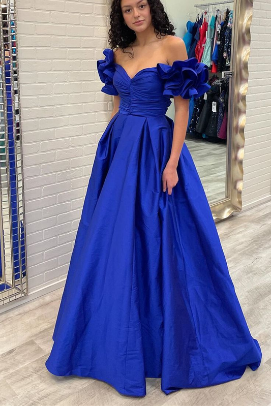 Off-The-Shoulder A-Line Royal Blue Pleated Long Formal Dress,DP0299