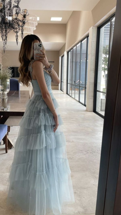 Sweet Light Blue Tulle Prom Dresses Ruffles Pleated Evening Formal Gown,DP304