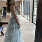 Sweet Light Blue Tulle Prom Dresses Ruffles Pleated Evening Formal Gown,DP304