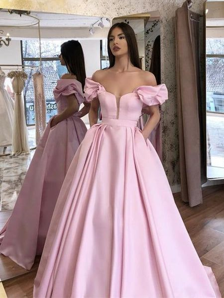 Pink Off Shoulder Long Prom Dresses Floor Length Formal Graduation Evening Dresses,DP313