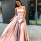 Simple Strapless Pink Satin Prom Dress Pleated A-Line Formal Evening Gowns,DP315