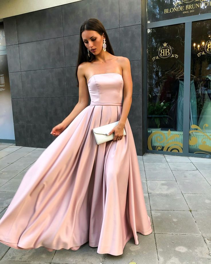 Simple Strapless Pink Satin Prom Dress Pleated A-Line Formal Evening Gowns,DP315