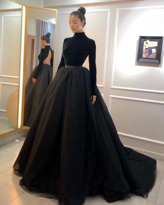 Elegant Black A-Line Long Sleeve Formal Evening Dress Long Prom Dress,DP317