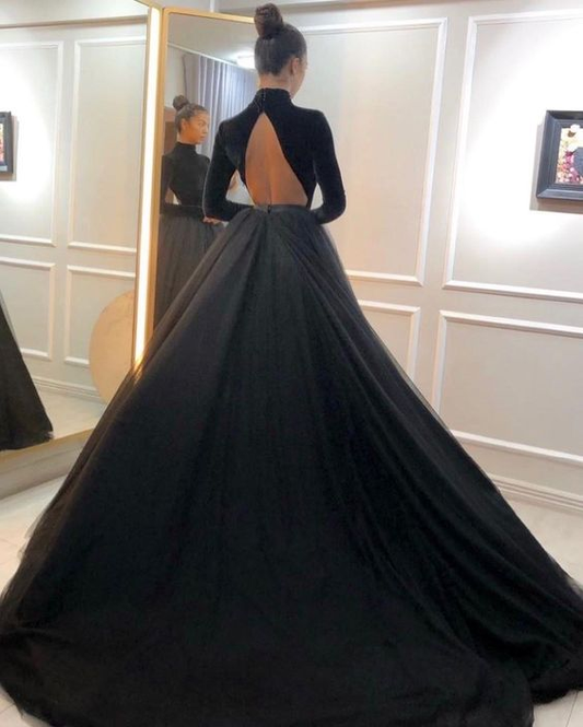 Elegant Black A-Line Long Sleeve Formal Evening Dress Long Prom Dress,DP317