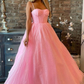 Shiny Pink Tulle Long Prom Dress Spaghetti Straps Formal Dress Sparkly Evening Dress,DP322