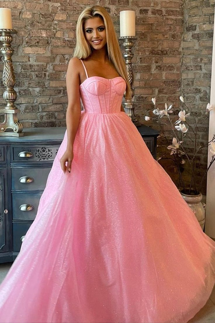 Shiny Pink Tulle Long Prom Dress Spaghetti Straps Formal Dress Sparkly Evening Dress,DP322