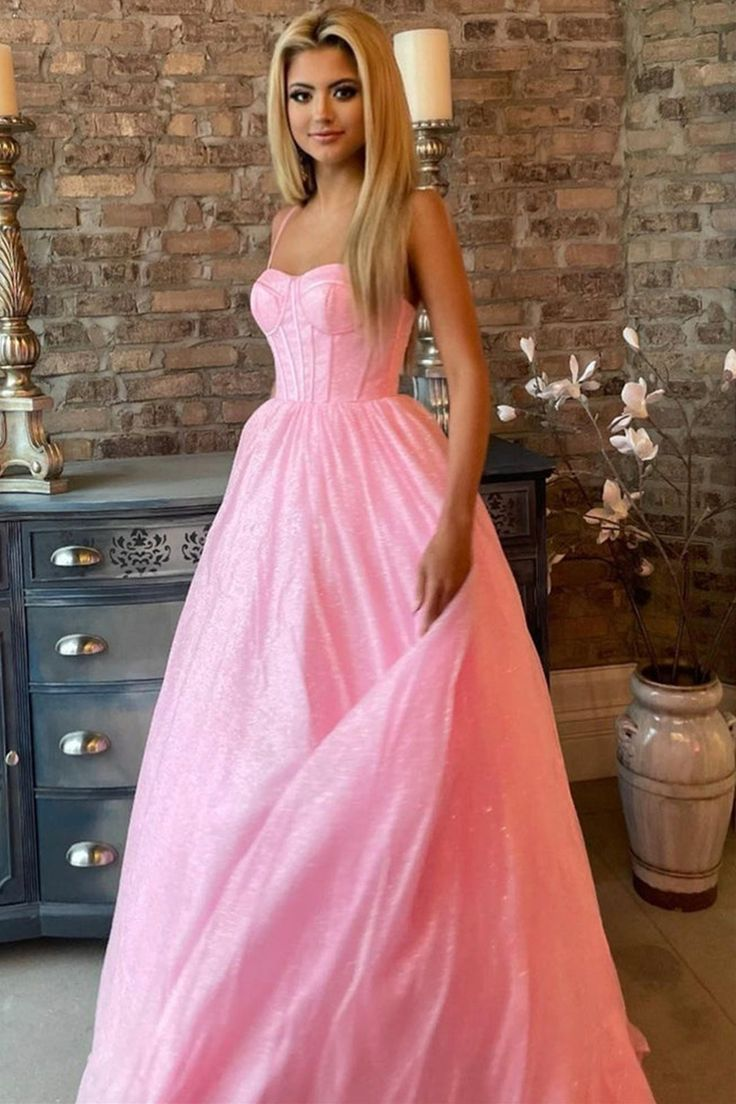 Shiny Pink Tulle Long Prom Dress Spaghetti Straps Formal Dress Sparkly Evening Dress,DP322