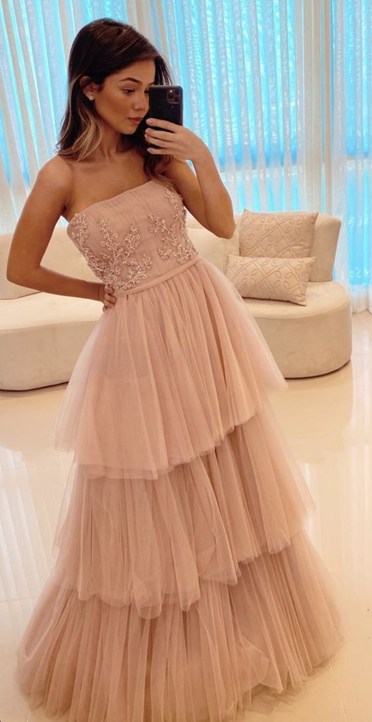 Long Pink Tiered Tulle Prom Dresses Formal Evening Dresses,DP325