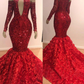 Burgundy High Collar Long Sleeves Prom Dress Mermaid Sequins,DP329