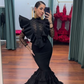 Black Chic Mermaid Long Sleeve Ruffles Formal Prom Dress Evening Gown,DP333