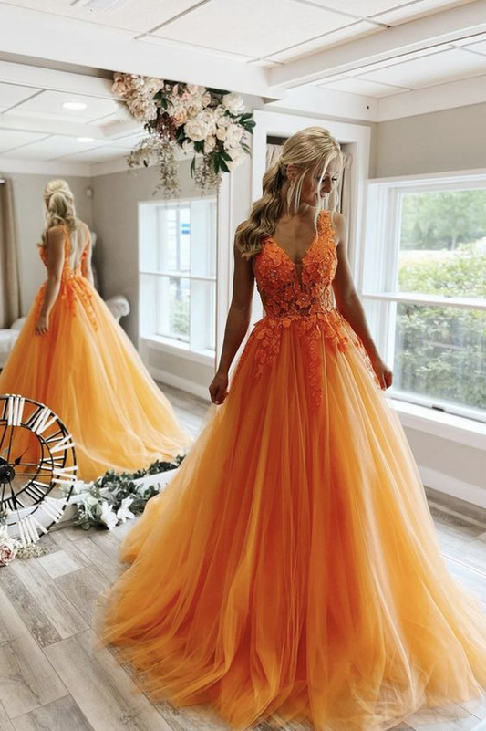 Elagant Orange V-neck Tulle A-line Evening Formal Dress Open Back Long Prom Dress,DP334