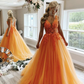 Elagant Orange V-neck Tulle A-line Evening Formal Dress Open Back Long Prom Dress,DP334