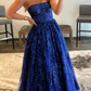 Blue/Red Strapless Sequins Long Prom Dress with Applique,DP335