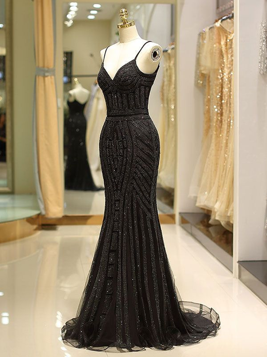 Gorgeous Black Evening Dresses Mermaid Luxury Heavy Beaded Straps Long Formal Evening Dress,DP338