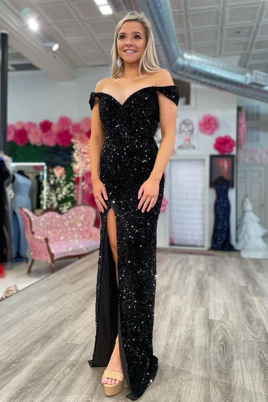 Off-The-Shoulder Black Mermaid Sequins Hight Slit Prom Gown Party Dress,DP342