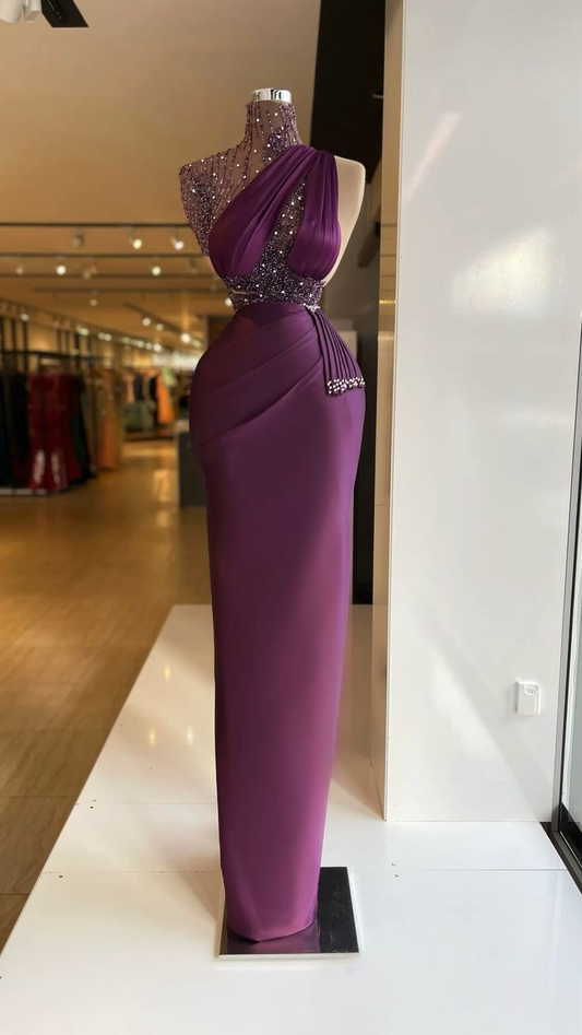 Dark Purple High Neck Beading Satin Mermaid Long Evening Gown, DP4034