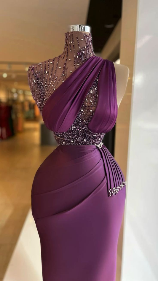 Dark Purple High Neck Beading Satin Mermaid Long Evening Gown, DP4034