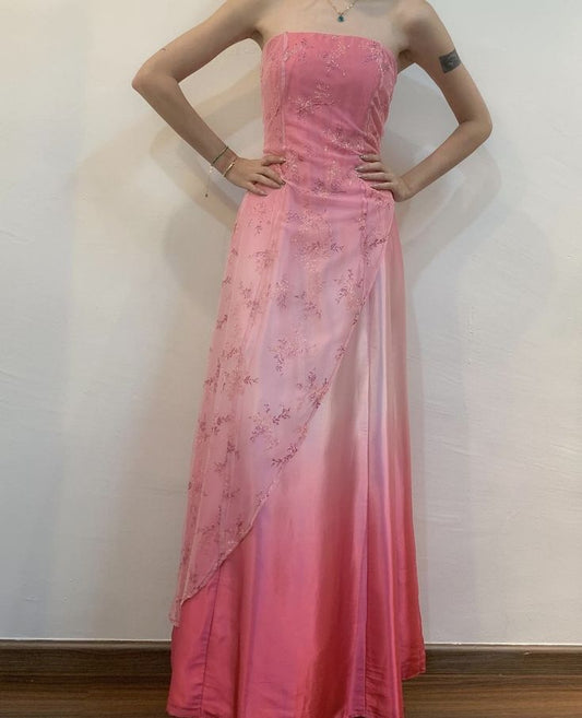 Lovely Pink Strapless A-Line Lace Satin Party Dress Evening Gown, DP4035