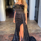 Black Mermaid Strapless Feathers Sequin Long Prom Dress with Slit,DP343