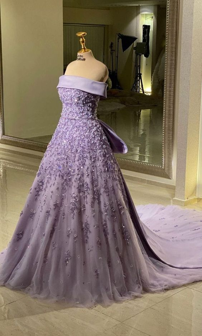 Purple Floral Gorguous Off Shoulder Long Prom Dress Evening Dress With Beading,DP350