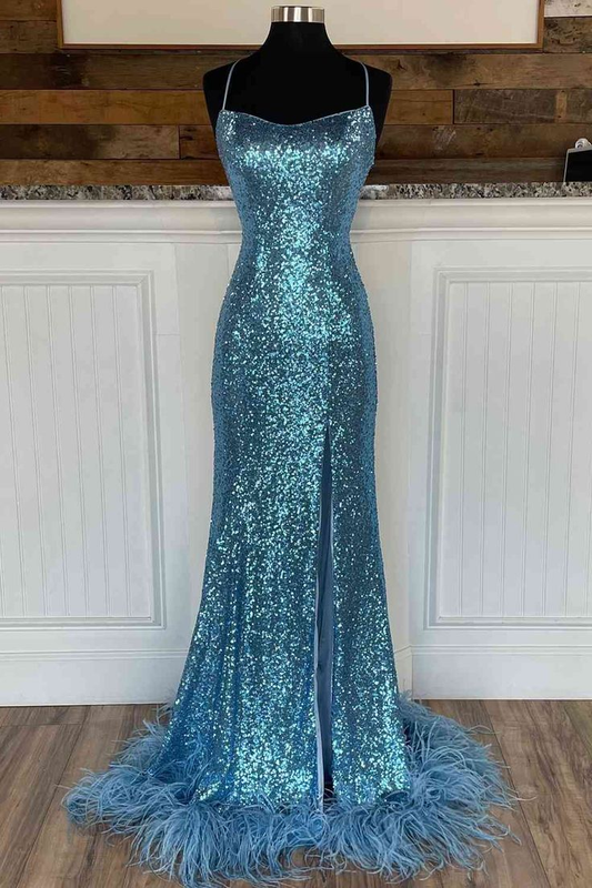 Mermaid Long Sequined Straps Prom Dress with Feather Hem,DP352