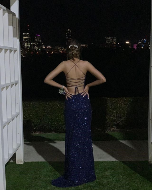 Navy Blue Sequin Long Prom Dresses With Slits And Open Back,DP355