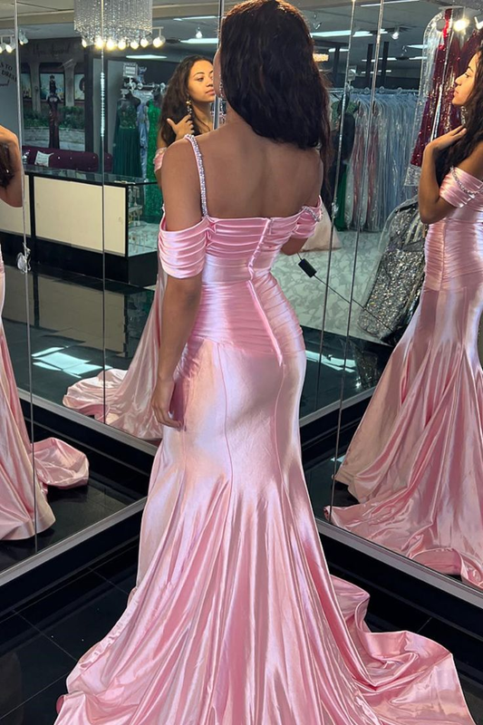 Mermaid Off-the-Shoulder Beaded Pleated Long Prom Dress,DP357