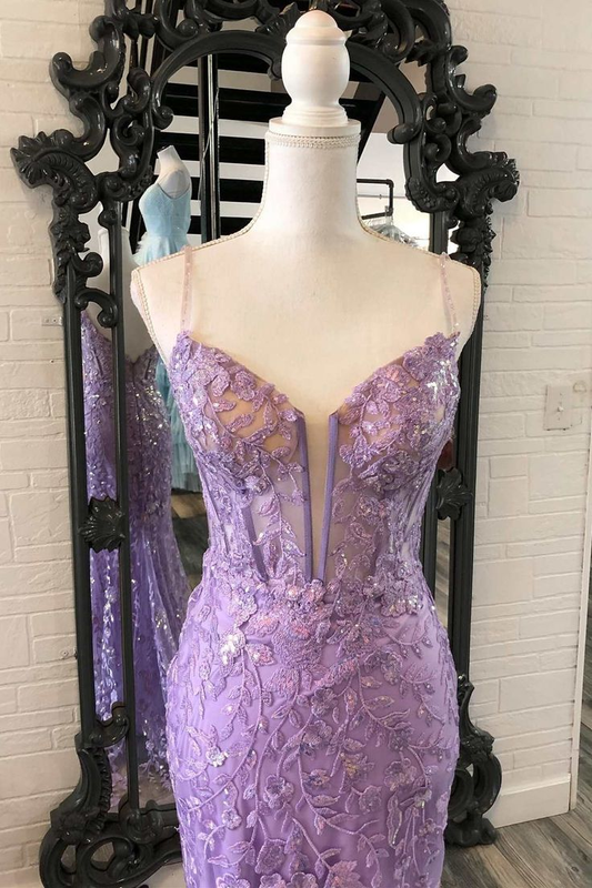 Lavender Floral Appliques Split Neck Mermaid Long Prom Dress,DP359