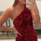 Burgundy One Shoulder Mermaid Sequins Long Prom Dress Formal Evening Dress,DP366