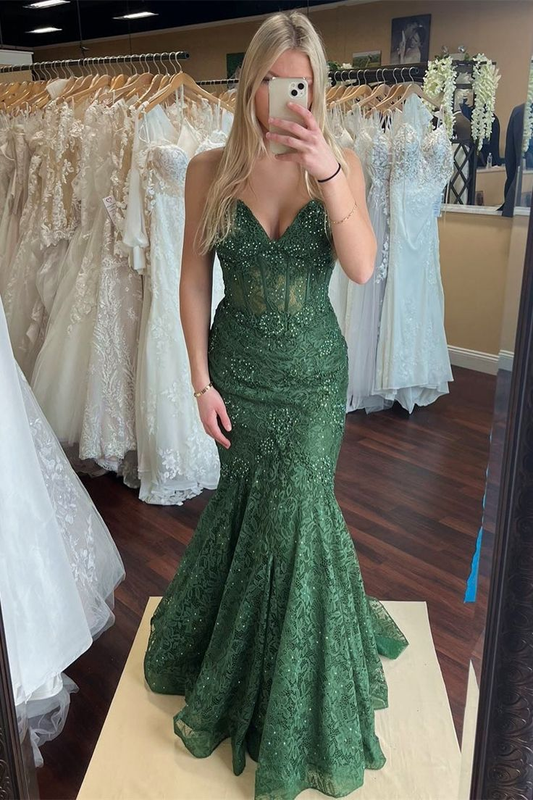 Green Lace Beaded Sweetheart Trumpet Long Prom Gown,DP367