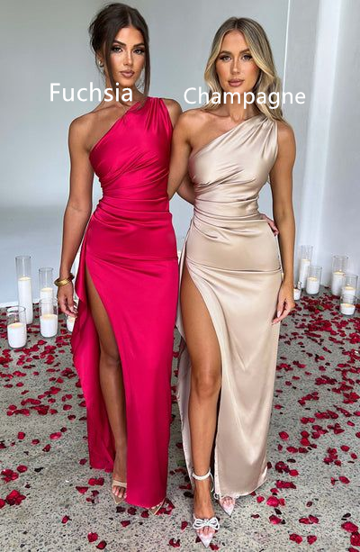 Champagne/Fuchsia Satin One Shoulder Prom Dress Party Dress with Slit,DP368