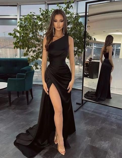 Sexy Mermaid One Shoulder Black Satin Prom Dress with Slit,DP369