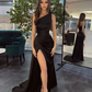 Sexy Mermaid One Shoulder Black Satin Prom Dress with Slit,DP369