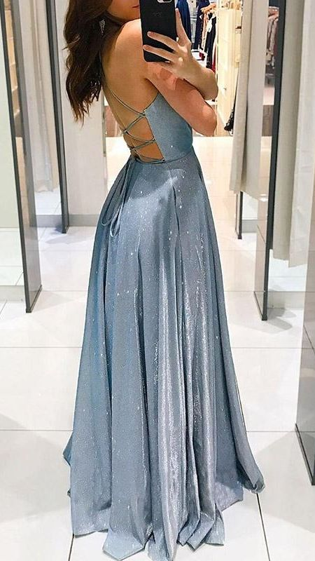 Sexy Shiny Deep V Neck A-Line Long Prom Dress with Pockets,DP373