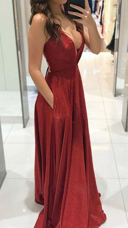 Sexy Shiny Deep V Neck A-Line Long Prom Dress with Pockets,DP373