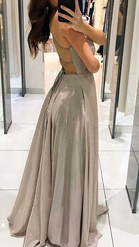 Sexy Shiny Deep V Neck A-Line Long Prom Dress with Pockets,DP373