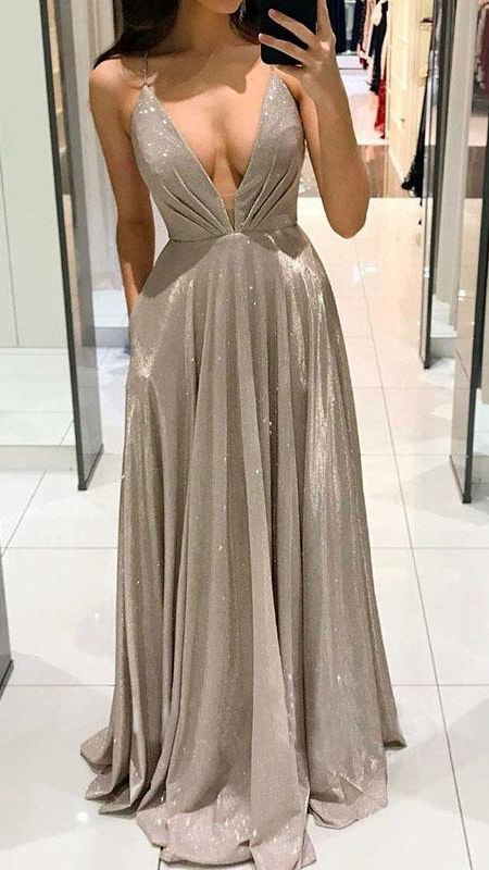 Sexy Shiny Deep V Neck A-Line Long Prom Dress with Pockets,DP373