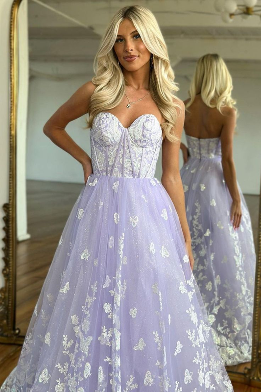 Amazing Long Lilac A-line Sweetheart Strapless Prom Dress With Lace,DP374