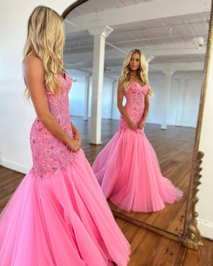 Hot Pink Cute Mermaid Sweetheart Tulle Prom Dresses with Lace,DP378