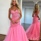 Hot Pink Cute Mermaid Sweetheart Tulle Prom Dresses with Lace,DP378