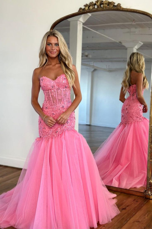 Hot Pink Cute Mermaid Sweetheart Tulle Prom Dresses with Lace,DP378