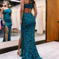 Sparkly Peacock Blue Sequins Mermaid One Shoulder Long Prom Dress with Slit,DP380