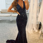 Black Beading Deep V-neck Mermaid Prom Dress,DP382