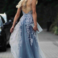 Stunning Dsuty Blue Tulle Long Formal Dress with Appliques,DP386